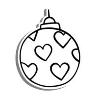 Hearts Christmas Bauble Outline on white silhouette and gray shadow. Hand drawn cartoon style. Vector illustration for decorate and any design.