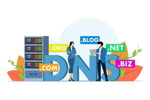 dominio nombre sistema concepto, DNS, sitio web dominio nombre, Internet o ciberespacio, dominio registro web página, elegir, encontrar, comprar, Registrarse sitio web dominio nombre, plano vector ilustración.