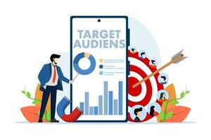 Target audience concept. characters place ads on social networks in smart phone apps. Customer reach, digital targeting marketing, business goals, sales generation. flat vector illustration.