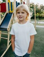 ai generado linda pequeño rubia niños en un blanco camiseta y azul pantalones es jugando en el patio de recreo foto