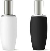 Black and white bottles for cosmetics with silver caps. High quality design product mockup template. Vector 3d illustration for shampoo, lotion, essence.