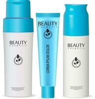 Set of 3d cosmetic bottles for deodorant, shampoo or shower gel, and tube for cream. Realistic vector illustration product ready for your commercial and design.