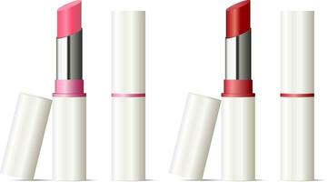 Trendy lipstick mock up set. Vector illustration. Sexy red and pink color. 3d Makeup cosmetic ads.