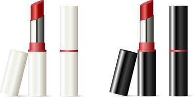 Trendy lipstick mock up set with black and white caps. Vector illustration. Sexy red color. 3d Makeup cosmetic ads.