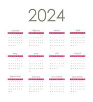 Calendar 2024 red.  Week starts on Sunday. Vector design.