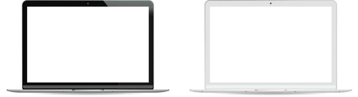 Black and white version Laptop pc set with white lcd screen isolated on background. Portable notebook computer realistic vector illustration. Modern design for your site or commercial.