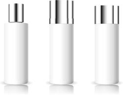 blanco cosmético blanco botellas con lustroso espejo gorra mocup. 3d vector ilustración de envase para belleza producto.
