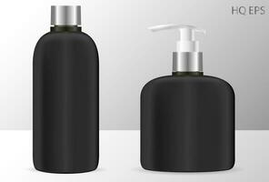 Black shampoo and soap dispenser bottles cosmetic mockup. 3d EPS Vector illustration ready for your design. Isolated packaging.