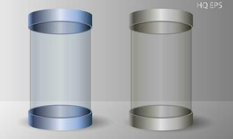 Clear transparent cylinder set. Exibition mockup box for commercial needs. Colored or black and white mode. Isolated 3d vector illustration.