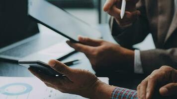 Business team collaboration discussing working analyzing with financial data and marketing growth report graph in team, presentation and brainstorming to strategy planning making profit of company. video