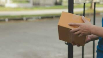 servicio rápido y confiable. alegre joven repartidor dando una caja de cartón a una joven mientras está de pie en la entrada de su apartamento video
