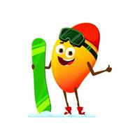 Christmas mango fruit character with snowboard vector