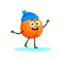 Peach character ice skating, Christmas fruit emoji vector