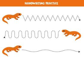 Tracing lines for kids. Cute cartoon newt. Handwriting practice. vector