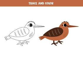 Trace and color cartoon woodcock bird. Worksheet for children. vector