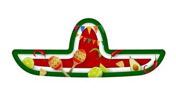 Mexican sombrero on paper cut banner with limes vector