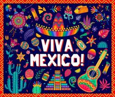 Viva mexico banner with sombrero, tropical flowers vector