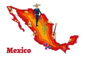 Mexico paper cut map, mexican cowboy, guitar, food vector