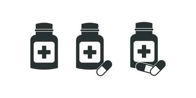 Medicine bottle and pills icon set. Capsule packaging illustration symbol. Sign medication vector