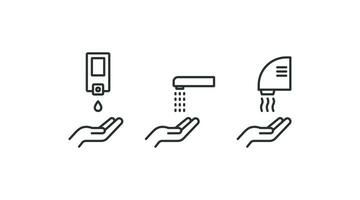 Hand washing procedure thin line icon. Soap, hand washing, hand drying vector desing.