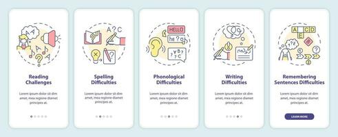 2D icons representing dyslexia mobile app screen set. Walkthrough 5 steps colorful graphic instructions with linear icons concept, UI, UX, GUI template. vector