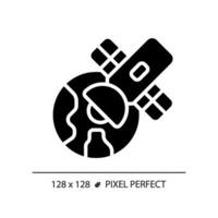 Satellite pixel perfect black glyph icon. Launch vehicle. Earth orbit. Global positioning system. Space technology. Silhouette symbol on white space. Solid pictogram. Vector isolated illustration