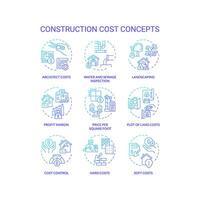 Set of 2D thin line gradient icons representing construction cost, isolated vector, linear illustration. vector