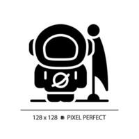 Man on moon pixel perfect black glyph icon. Lunar landing. Astronaut suit. Space achievement. Apollo 11. First step. Silhouette symbol on white space. Solid pictogram. Vector isolated illustration