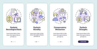 2d íconos representando dislexia móvil aplicación pantalla colocar. recorrido 4 4 pasos multicolor gráfico instrucciones con Delgado lineal íconos concepto, ui, ux, gui modelo. vector