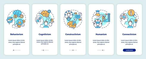 2d íconos representando aprendizaje teorías móvil aplicación pantalla colocar. recorrido 5 5 pasos multicolor gráfico instrucciones con Delgado línea íconos concepto, ui, ux, gui modelo. vector