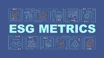 2D ESG metrics text with various thin line icons concept on dark blue monochromatic background, editable 2D vector illustration.