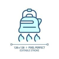 2D pixel perfect blue kettle icon, isolated vector, editable hiking gear thin line illustration. vector