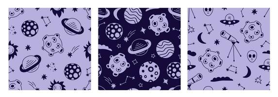 Space seamless patterns set with stars and planets in doodle style vector