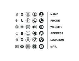 Name, phone, website, address location, mail icon set. Company connection business card vector