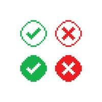 Pixel check mark and cross icon set. Positive and negative choice 8bit illustration symbol. Sign app button vector