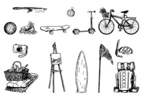 Summer leisure sketch collection. Attributes set of picnic, plein air, outdoor sports, hiking, fishing, photography. Hand drawn vector illustrations. Engraved style cliparts isolated on white.