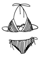 bikini traje de baño bosquejo clipart. verano ropa, playa vacaciones accesorio garabatear aislado en blanco. mano dibujado vector ilustración en grabado estilo.