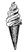 Ice cream cone clipart. Single doodle of summer sweet food isolated on white. Hand drawn vector illustration in engraving style.