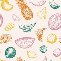 Tropical fruits bright vector seamless pattern. Hand drawn pineapple, watermelon, pomegranate, banana, mango, grapes, citrus, kiwi. Abstract outline ornament in retro style.
