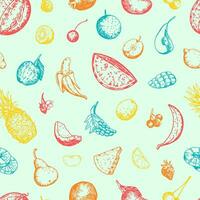 verano frutas y bayas vector sin costura modelo. mano dibujado piña, sandía, granada, banana, mango, uvas, agrios, manzana, peras, cereza. resumen ornamento en retro estilo.