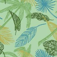 Tropical floral vector seamless pattern. Hand drawn exotic foliage, palm tree, banana leaves. Abstract outline ornament in retro style.