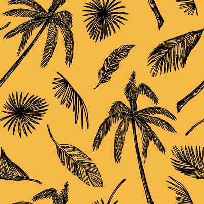 Tropical floral vector seamless pattern. Hand drawn exotic foliage, palm tree, banana leaves. Abstract outline ornament in retro style.