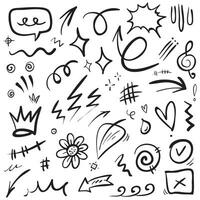 Conjunto de vectores de doodle de signo de expresión de dibujos animados dibujados a mano, flechas direccionales de curva, elementos de diseño de efectos de emoticonos, símbolos de emoción de personaje de dibujos animados, lindas líneas de trazo de pincel decorativo.