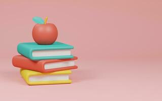 red apple on Stack of books pink background. back to school concept. 3d rendering illustration. photo