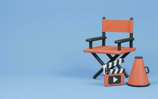 Director's Chair with Movie Clapperboard on blue background. cinema concept. 3d rendering illustration. photo