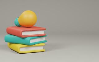 ligero bulbo en apilar de libros gris antecedentes. espalda a colegio concepto. 3d representación ilustración. foto
