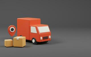 truck and box on black background. Shopping online concept. 3d rendering illustration. photo