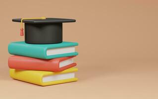 Graduation hat on Stack of books cream background. back to school concept. 3d rendering illustration. photo