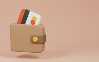 Wallet with credit card on brown background. Shopping online concept. 3d rendering illustration. photo