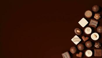 3D rendering illustration, top view, many chocolates spread on a brown background photo